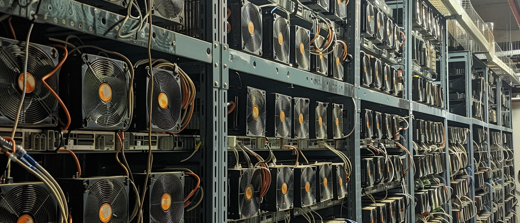 Rows of Bitcoin mining computers with circular cooling fans