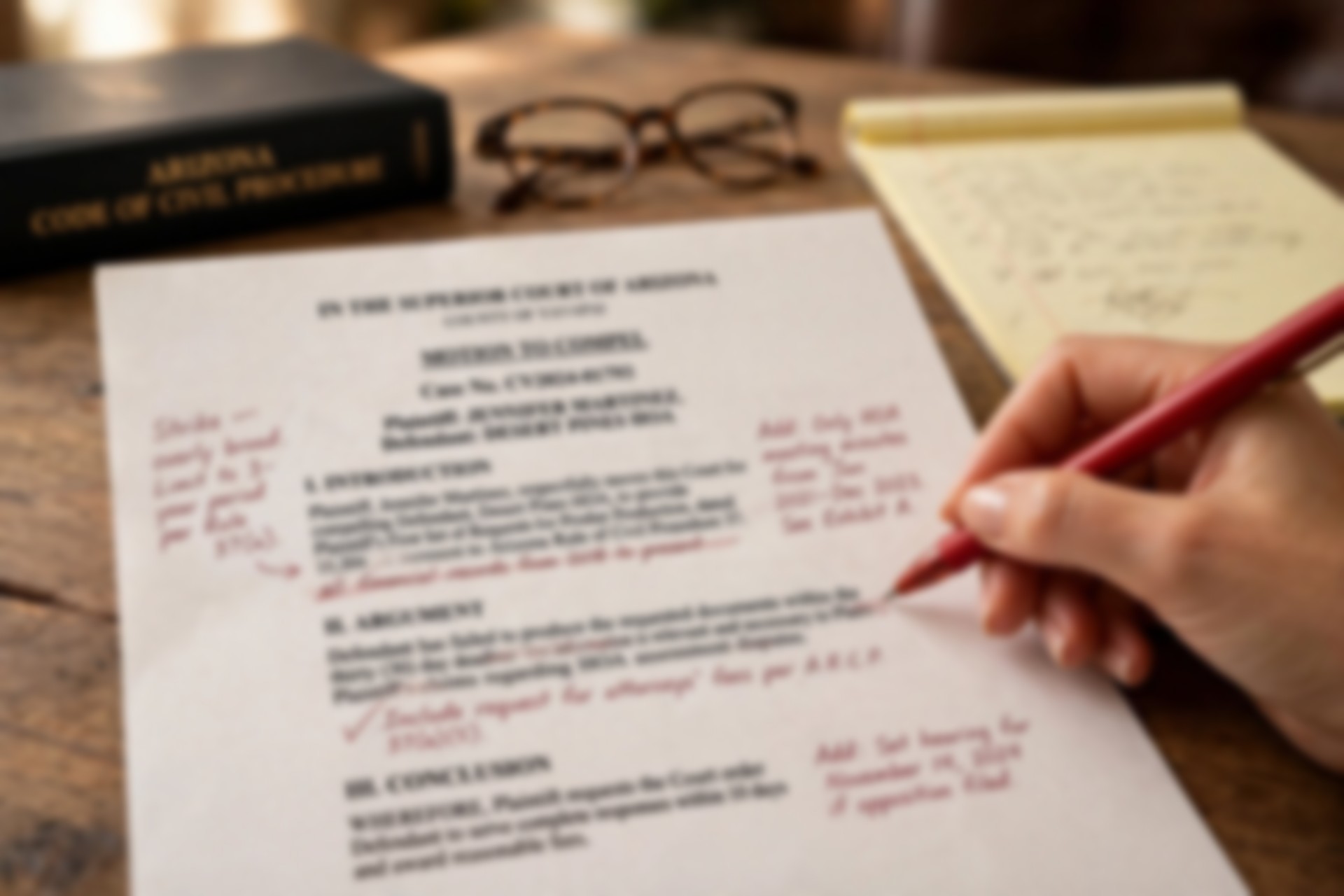 A woman's hand editing a printed court motion with a red pen
