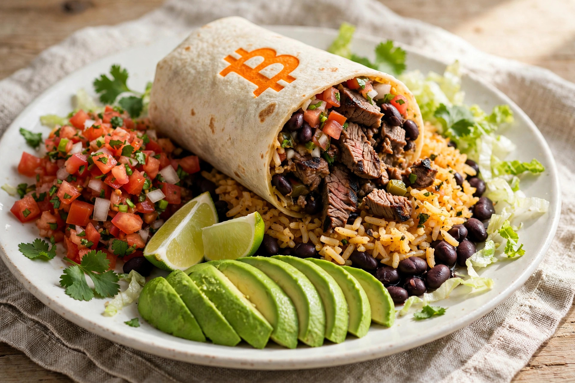 Half a carne asada burrito with an orange Bitcoin logo resting on Mexican rice and black beans, with pico de gallo, avocado, lime, lettuce, and cilantro